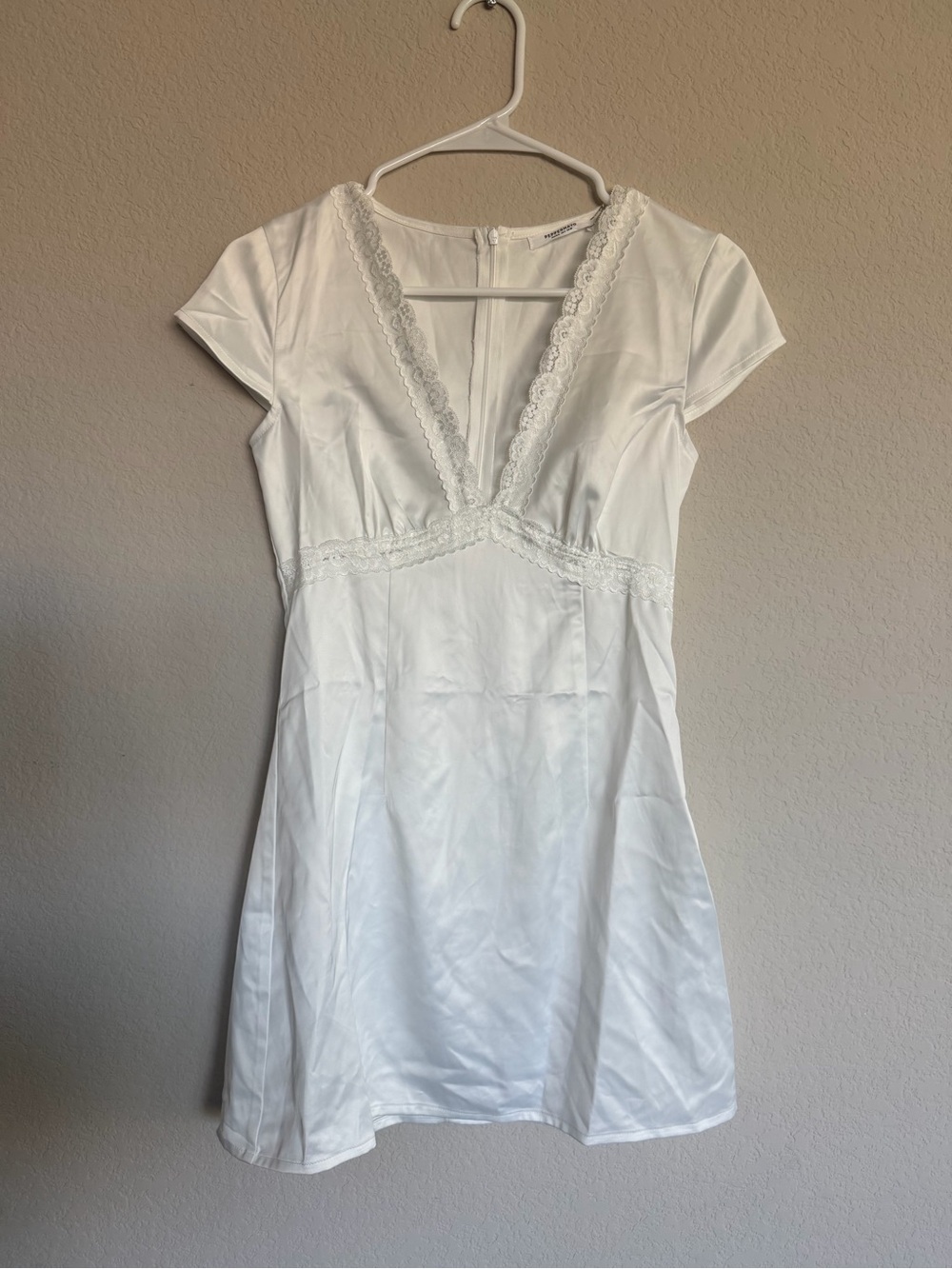 Peppermayo White Lace-Trim V-Neck Short Sleeve Mini Dress